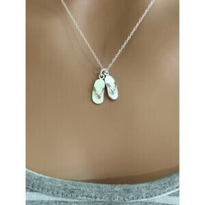 Sterling Silver 3D Flip Flops Charm Necklace, 3D Oxidized Flip Flops Necklace